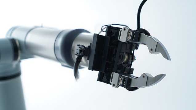 Close-up of a silver industrial robotic gripper arm with open jaws on a bright background, symbolizing precision and automation