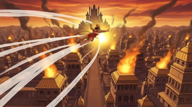 hanuman flies over burning ancient city