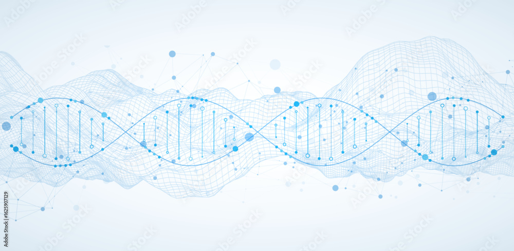 Wall mural abstract image of dna molecule on wireframe wave. scientific vector background.