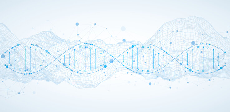 Abstract image of DNA molecule on wireframe wave. Scientific vector background.