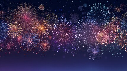 Fototapeta premium A vibrant and festive fireworks display explodes across a dark night sky, illuminating the scene with bursts of color and light. Perfect for celebrations, events, and special occasions.