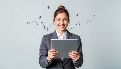 Businesswoman using tablet, analyzing stock market trends. Young businesswoman in suit smiles while reviewing financial data on her tablet. Stock market graphs illustrate investment strategy.