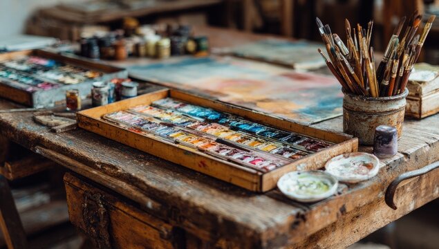 Artist's workbench, paint palettes, and brushes.  Wooden table with paint containers, color palettes, and paintbrushes in a rustic art studio