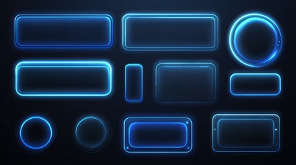 A captivating digital showcase of glowing, futuristic UI/UX elements and button, with sleek neon-blue light in a deep space-themed background.