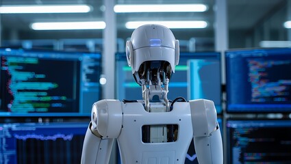 Rear view of a white humanoid robot with exposed components in a server room with glowing data screens.