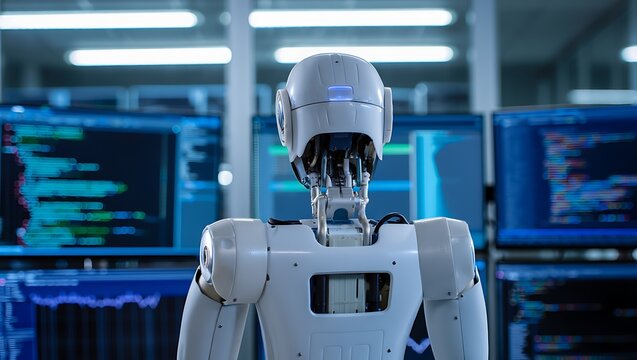 Rear view of a white humanoid robot with exposed components in a server room with glowing data screens.