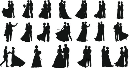 Elegant wedding couple silhouette set, romantic poses, dancing bride and groom, love icon collection for invitation, decoration, vector design