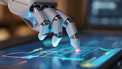 Futuristic white robotic hand with metallic fingers touching a glowing blue digital interface on a tablet.