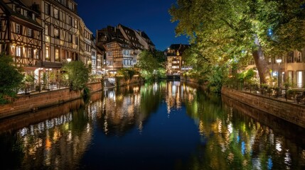 Illuminated canal town buildings at night