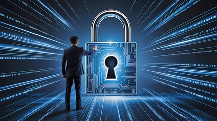 Man in suit interacts with glowing digital padlock in abstract data stream