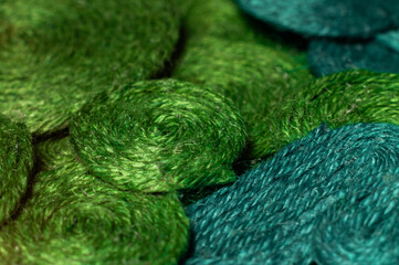 Background of multi-colored yarn. Texture of burlap threads, fibers of jute fiber