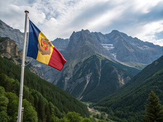 Andorran Flag with Colorful Confetti Over Stunning Mountain Peaks