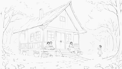 Obraz premium Line drawing of a cozy cottage in the woods with a family enjoying time together outside for coloring book concept 