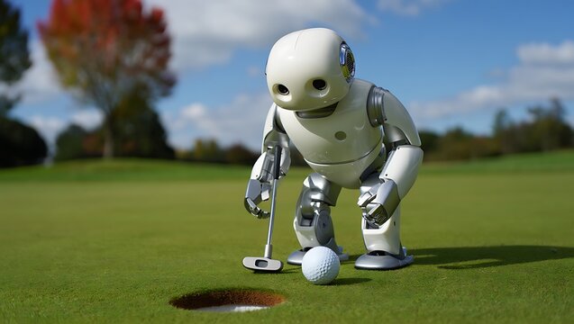 Adorable white humanoid robot with a putter preparing to hit a golf ball on a lush green course under a blue sky.