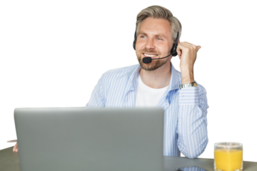 Call center, telemarketing, customer support agent provide service on telephone video conference call on a transparent background