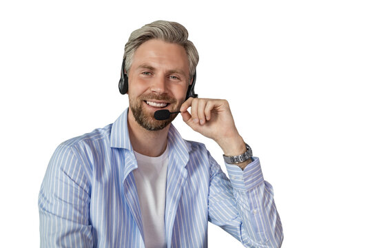 Businessman wearing headset working in home to support remote customer or colleague. Call center, telemarketing, customer support agent provide service on telephone on a transparent background