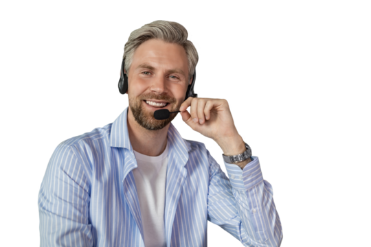 Businessman wearing headset working in home to support remote customer or colleague. Call center, telemarketing, customer support agent provide service on telephone on a transparent background