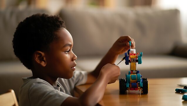 Focused young African American boy assembling a colorful building block robot on a warm wooden table at home. - Powered by Adobe