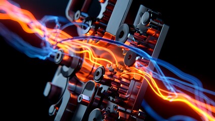 Fototapeta premium Dynamic abstract close-up of intricate metallic gears and mechanical components energized by glowing orange and blue light trails.