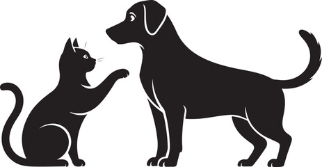 Silhouette of a black cat and dog interacting friendly