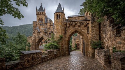 Stone castle entrance with paved path