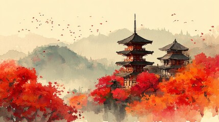 japanese autumn landscape, traditional pagodas surrounded by red and orange maple leaves, soft watercolor style, distant misty mountains, falling leaves in the wind, serene and peaceful