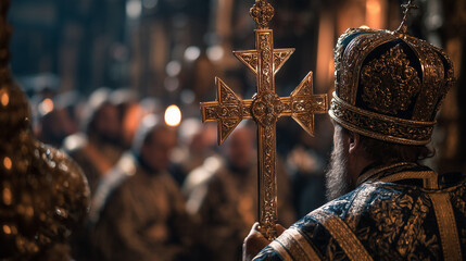Orthodox Elevation of the Cross, priest raising ornate golden cross during church ceremony