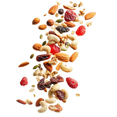 Assorted dried fruits and nuts falling in a cascade isolated on transparent background