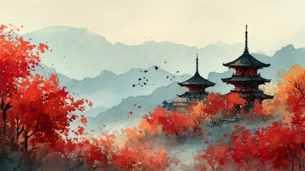 japanese autumn landscape, traditional pagodas surrounded by red and orange maple leaves, soft watercolor style, distant misty mountains, falling leaves in the wind, serene and peaceful