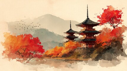 Japanese Architecture with Red Maple Trees Watercolor Art