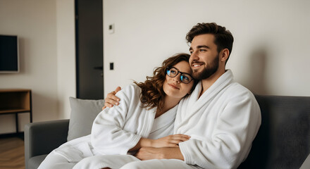 Happy Young Couple Wearing White Bathrobes Sitting on Couch in Modern Living Room