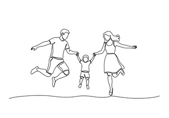Happy Family Jumping Together Holding Hands in Minimal One Line Art Style vector illustration