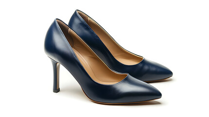 Illustration of elegant navy blue leather high heel shoes isolated on white background, a stylish and classic footwear choice for women, perfect for formal events and business settings