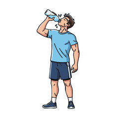 Athletic man drinking water from a bottle after a workout. Vector illustration of hydration, health, and refreshment.