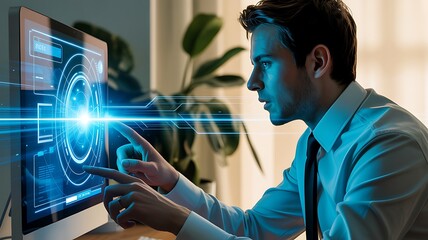 Man interacting with futuristic digital interface on computer screen