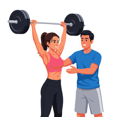 Obraz premium Athletic woman doing an overhead press with a barbell, guided by her male personal trainer for strength training.