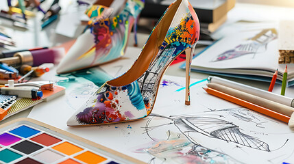 Illustration of artistic and colorful high heel shoe design, a creative fashion artwork with vibrant watercolor and paint details, perfect for a unique and stylish statement piece