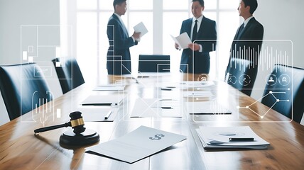 Business professionals in a meeting with legal gavel and financial data overlay