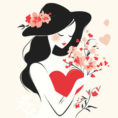 Elegant Woman Heart Flowers Vector Illustration