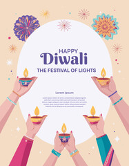 Minimalist flat vector illustration of two Indian female hands holding colorful traditional oil lamp diya when Diwali comes