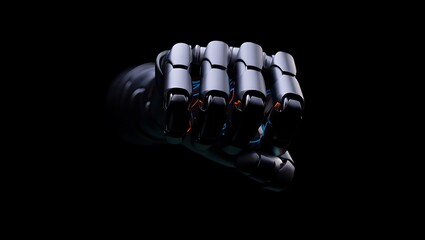 Powerful dark metallic robotic fist extending forward with subtle blue and orange glowing accents on a black background.