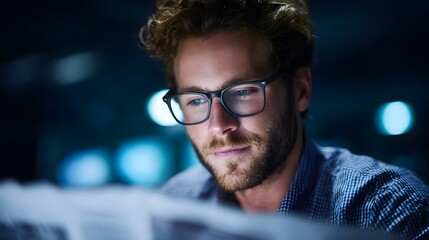 Obraz premium Focused businessman reviewing financial data at night