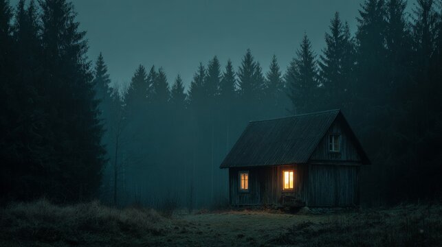 lonely wooden cabin in a dark misty forest, night scene, single warm light glowing from window, eerie atmosphere, overcast sky, quiet and isolated woodland