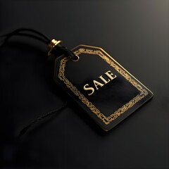 Luxury sale tag with gold trim on black background, realistic lighting