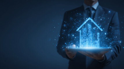 Businessman holds tablet projecting glowing holographic smart city with digital data streams, symbolizing technology, innovation, and urban planning.