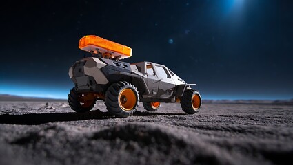 Rugged Futuristic Utility Vehicle with Bright Orange Lights on Desolate Planetary Surface at Night