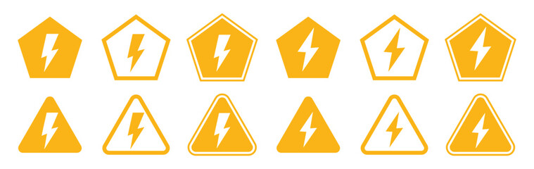 Set of high voltage warning sign with a lightning bolt symbol indicates electrical shock danger. Caution alarm alert set, triangle warn sign, attention.