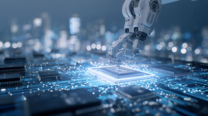 A robotic arm assembling microchips on a glowing circuit board conveyor