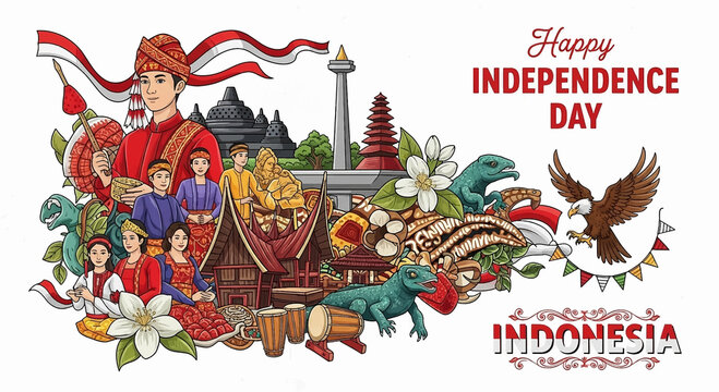 Indonesian Independence Day greeting with cultural icons collage