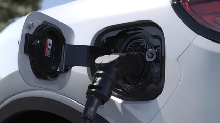 Fototapeta premium Close - up of Electric Vehicle Charging Plug Inserted into Charging Port